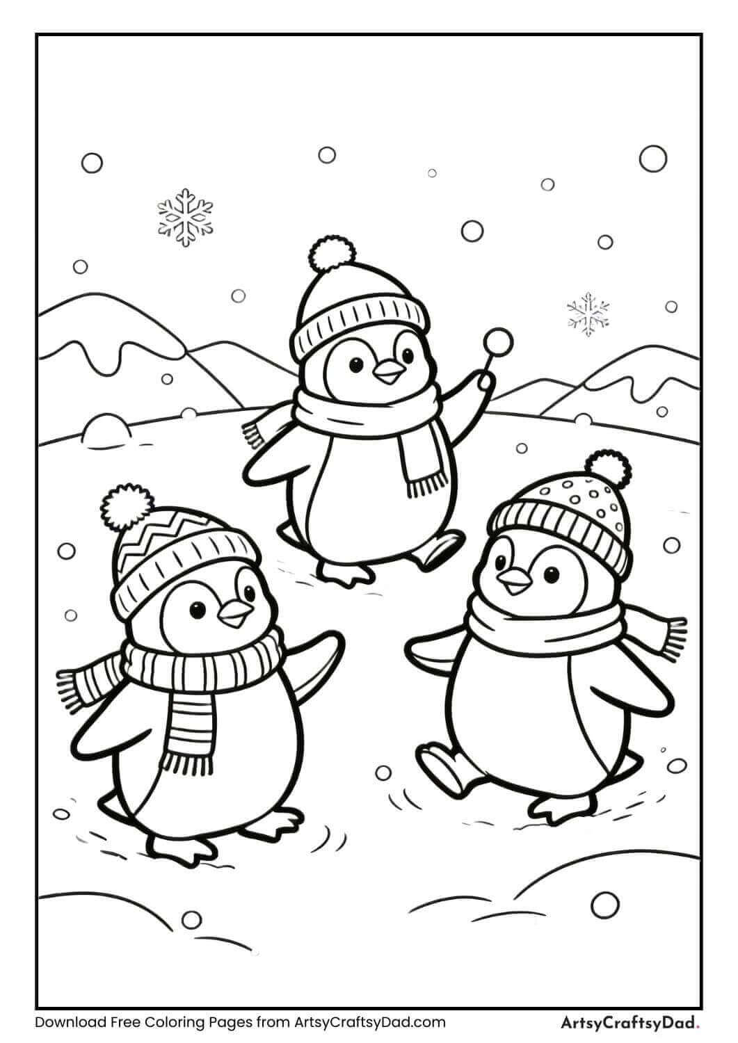 Penguins wearing scarves and hats playing in snow