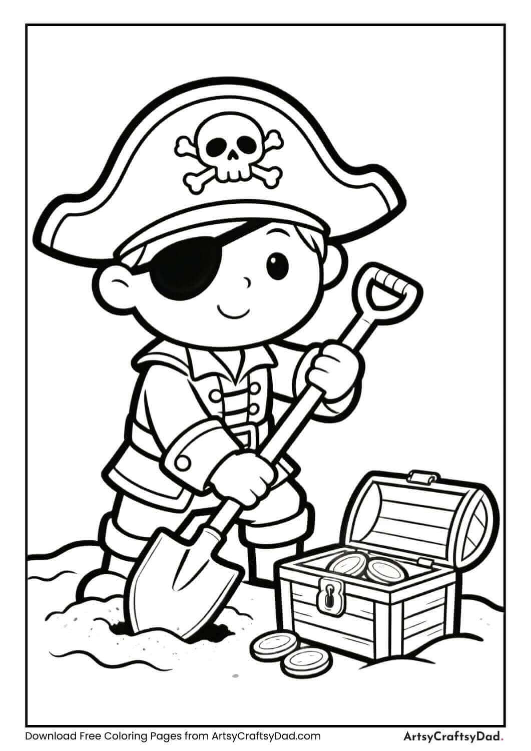 Pirate digging for treasure with a shovel coloring page