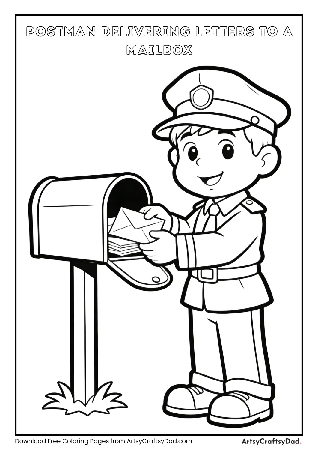 Postman putting letters into a mailbox coloring page