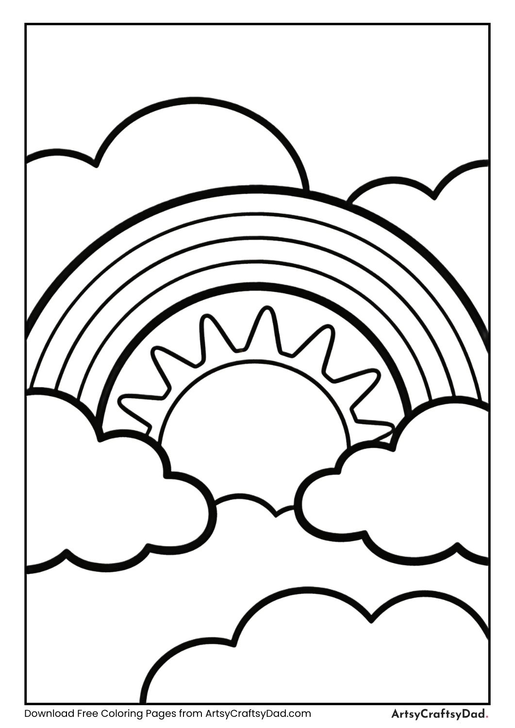 Rainbow with sun and clouds black and white coloring page