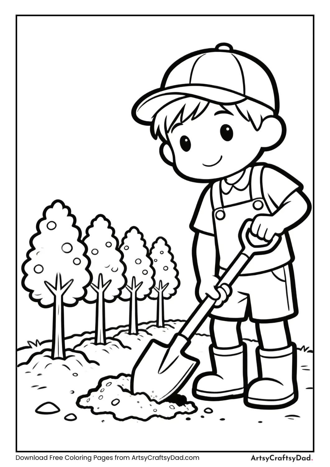 Row of young trees with a child holding a shovel