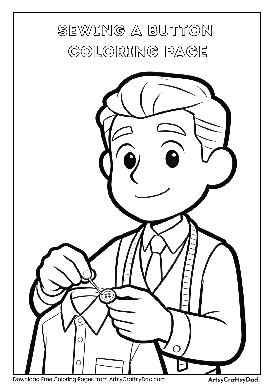 Tailor sewing a button on shirt coloring page