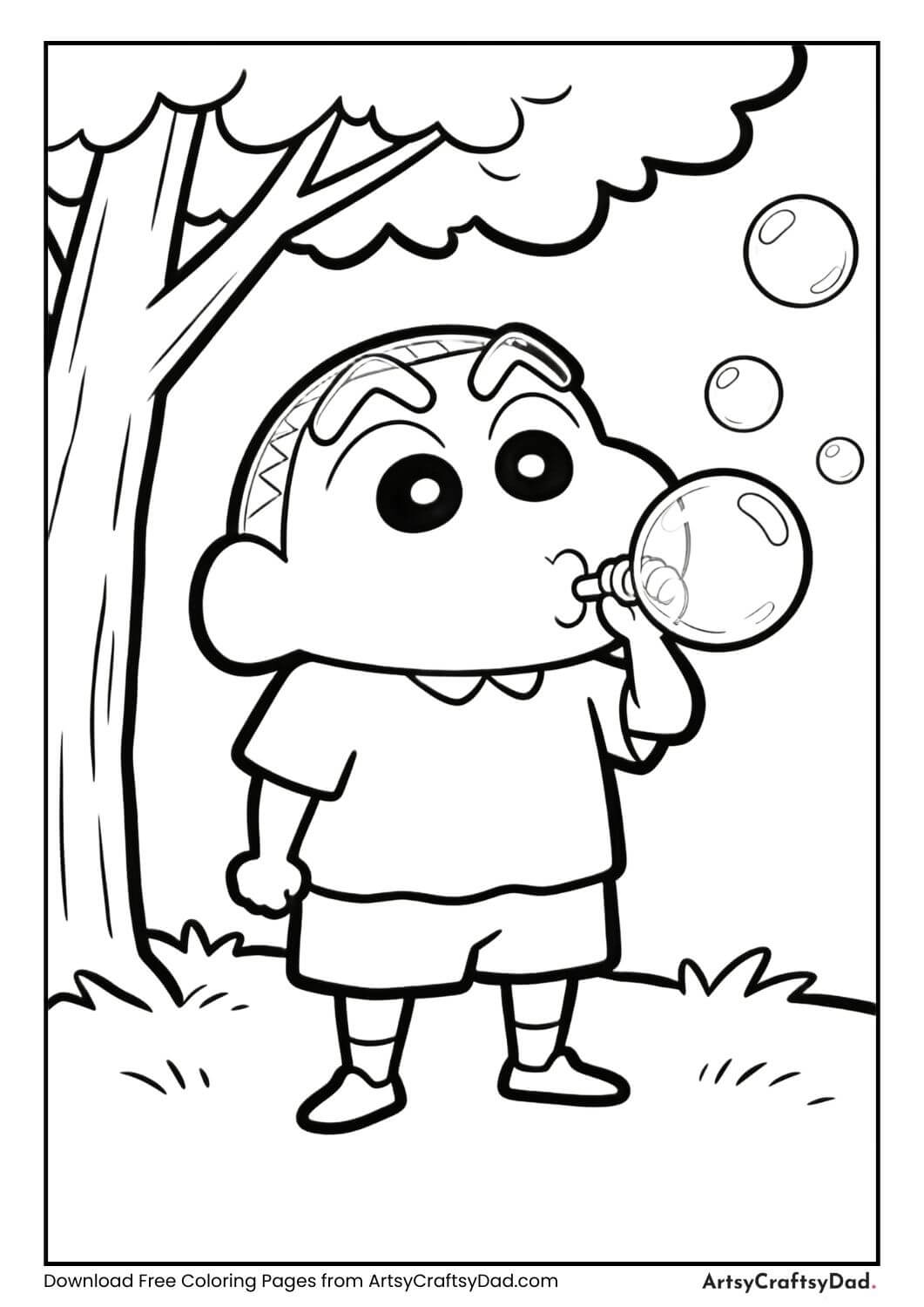 Shinchan blowing bubbles in the park