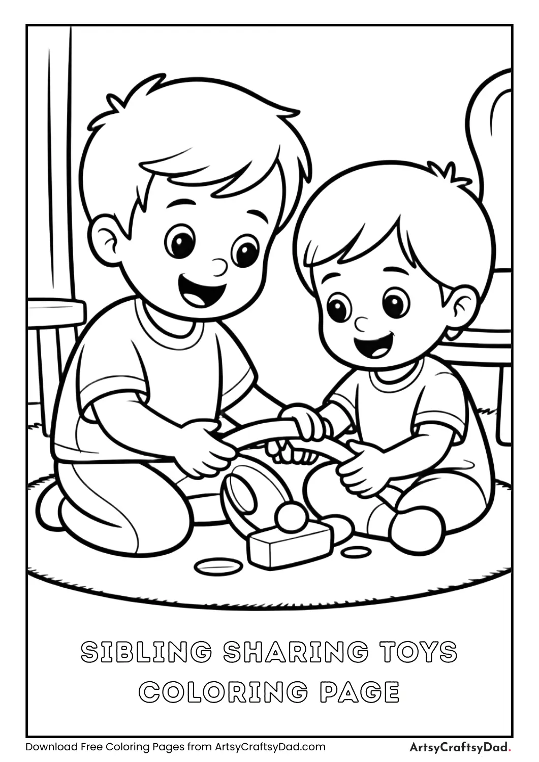 Brother and sister sharing toys coloring page
