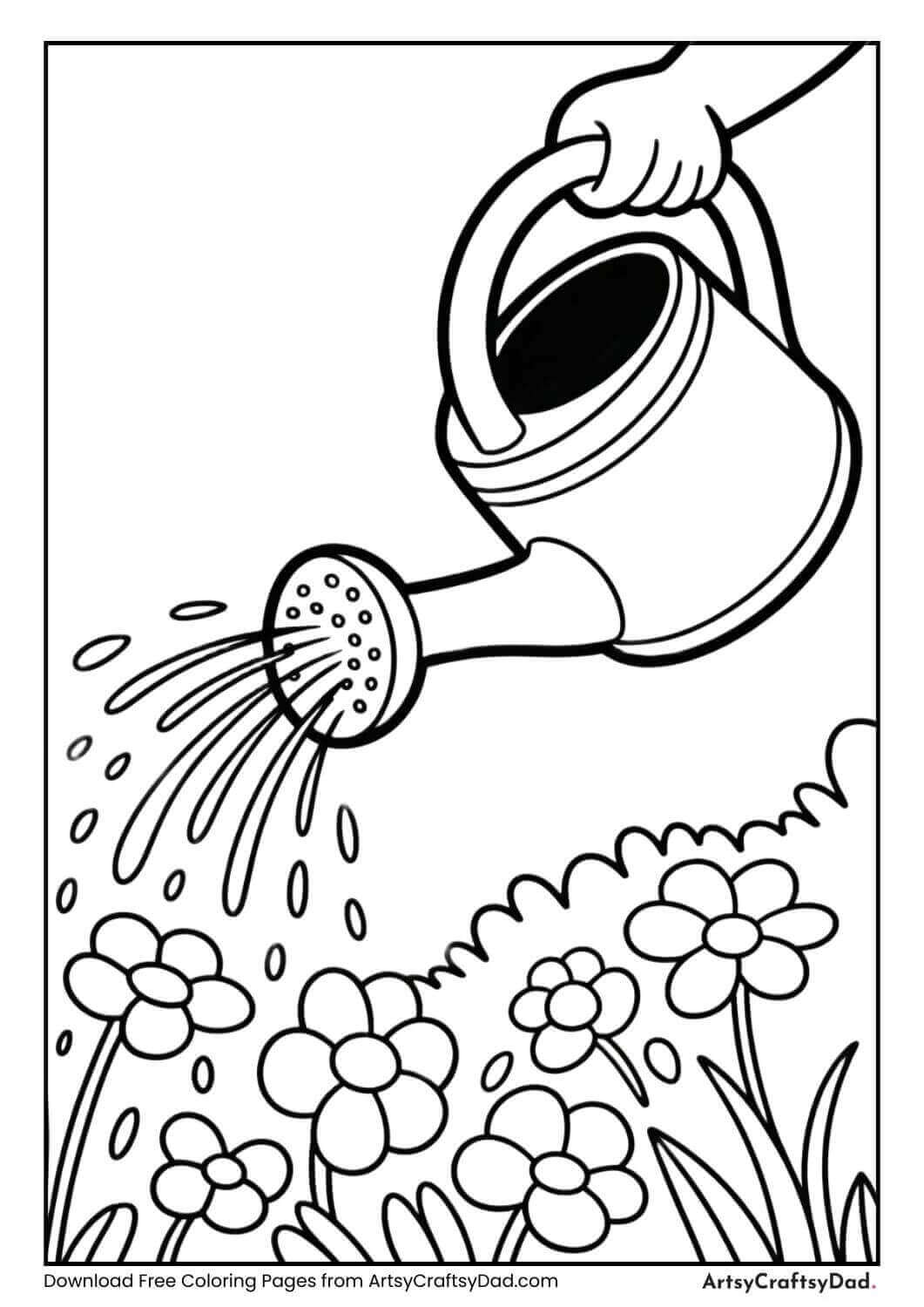 Watering can pouring water on spring flowers.