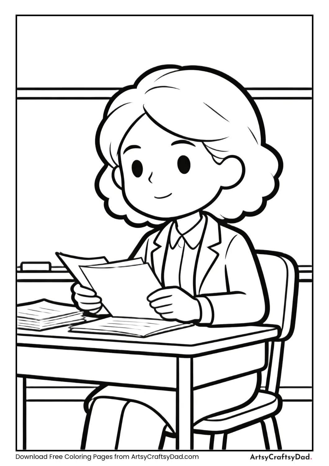 Teacher grading papers coloring page