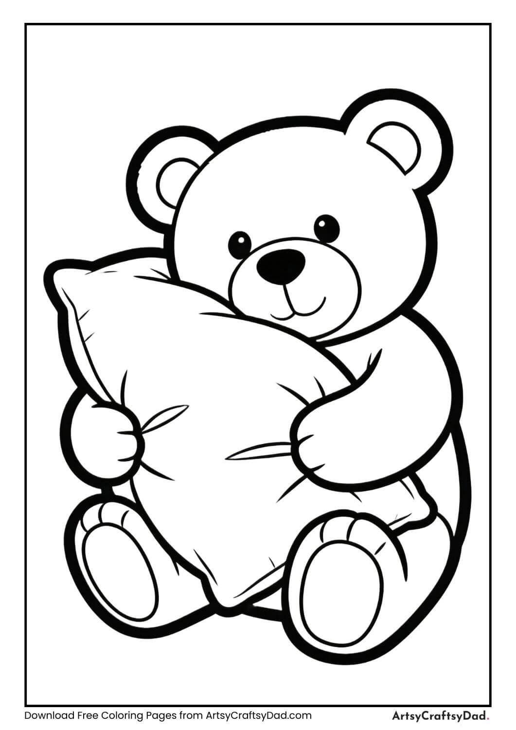 Teddy bear hugging pillow coloring page for kids