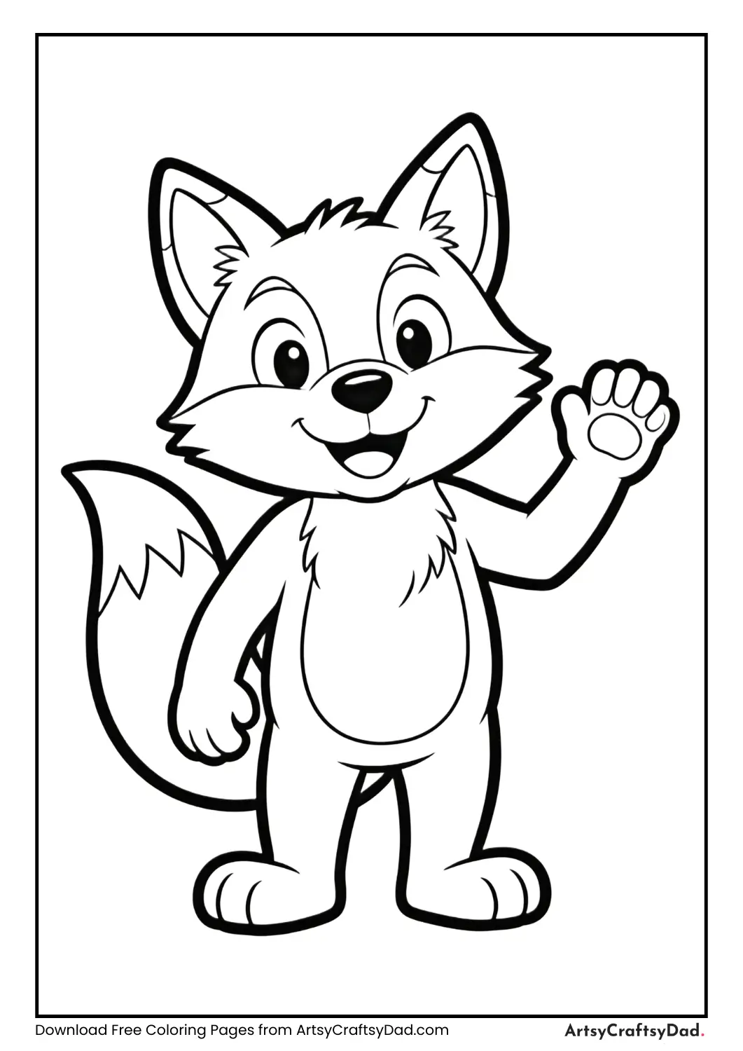 Fox waving black and white coloring page for kids