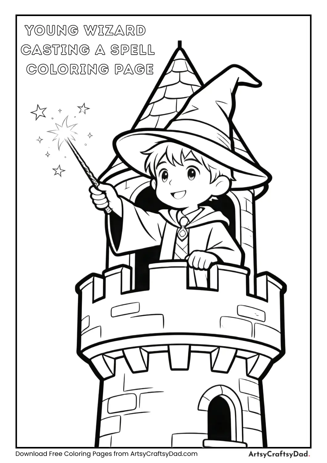 Young wizard using a wand in a castle tower coloring page.