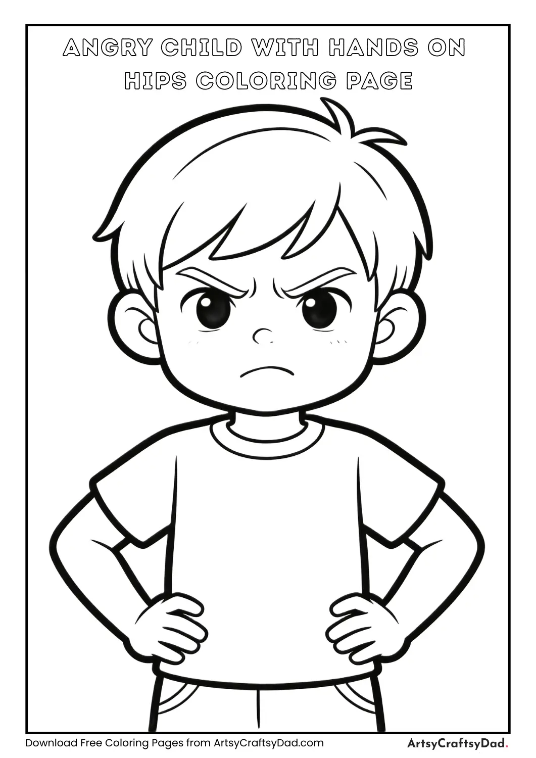 Black and white outline of an angry child standing with hands on hips