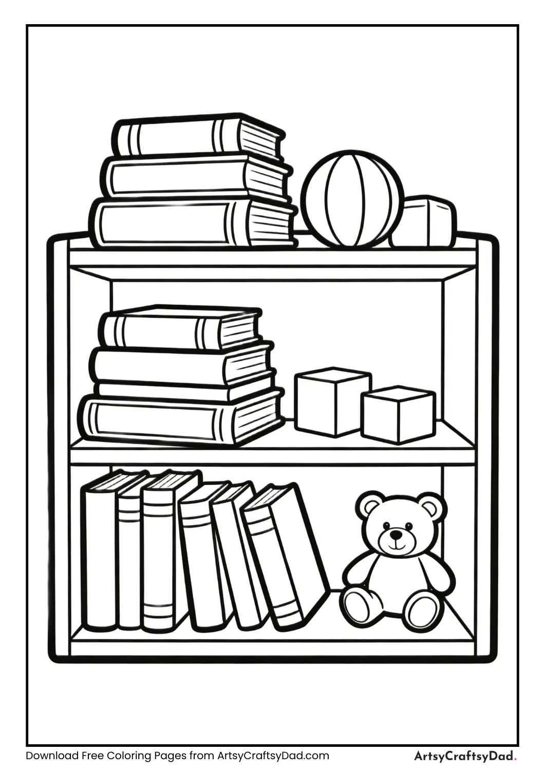 Bookshelf black and white coloring page for kids
