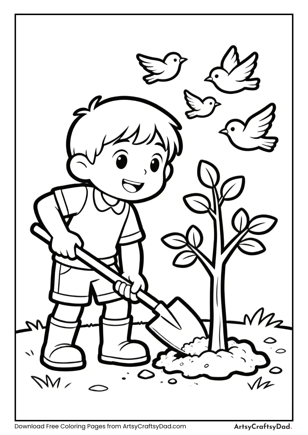 Child planting a tree with birds flying above
