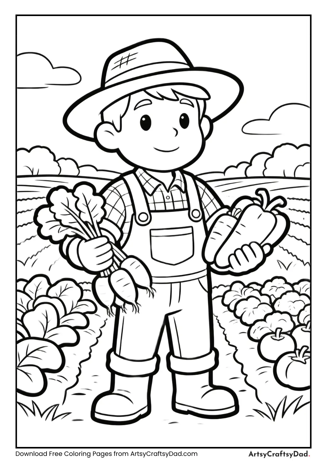 Farmer community helper black and white coloring page for kids