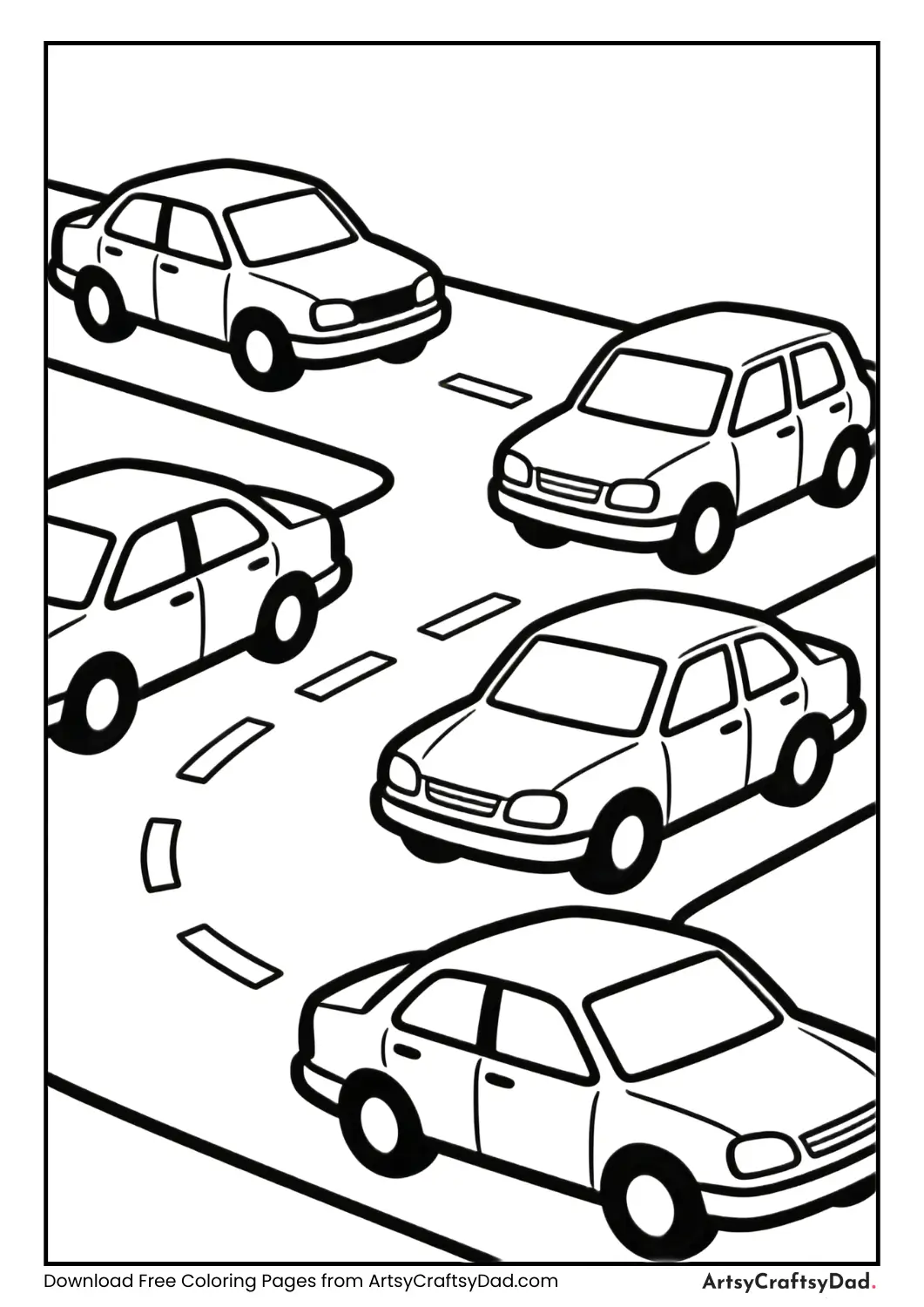 Count and color five cars simple coloring sheet for kids