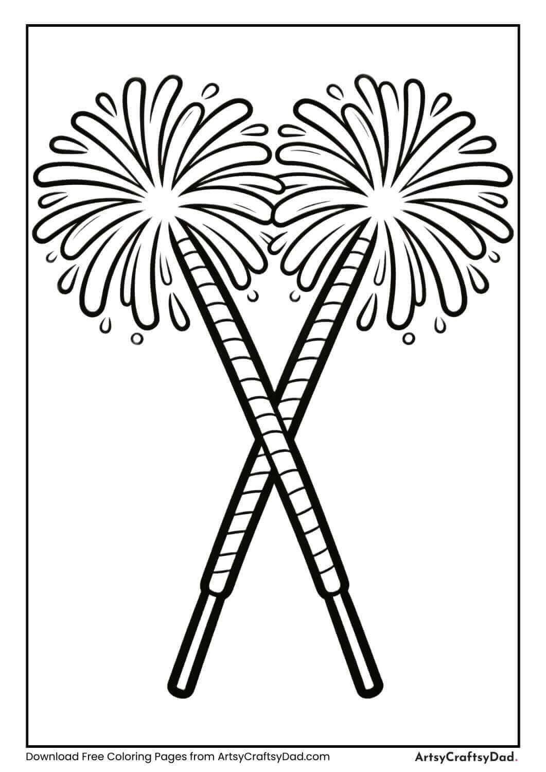 Crossing fireworks black and white coloring page for kids