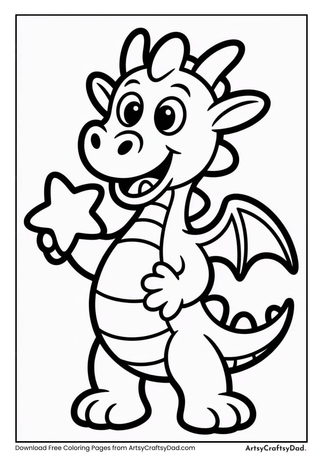 Cute dragon holding a star black and white coloring page