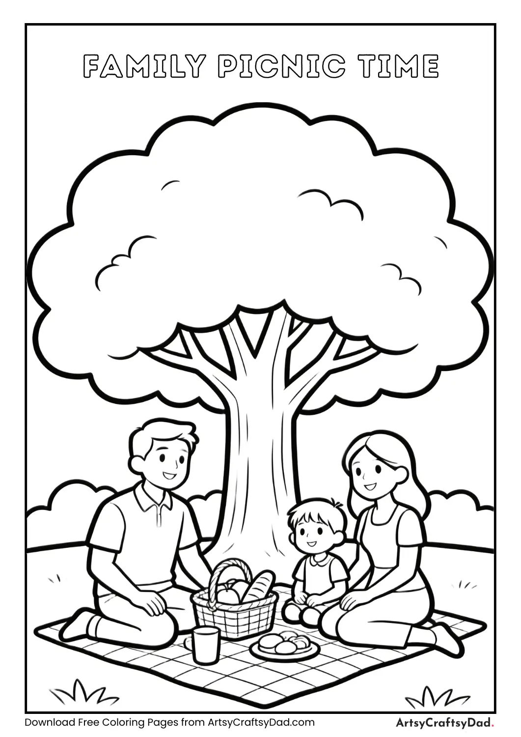 Black and white coloring page of a family having a picnic