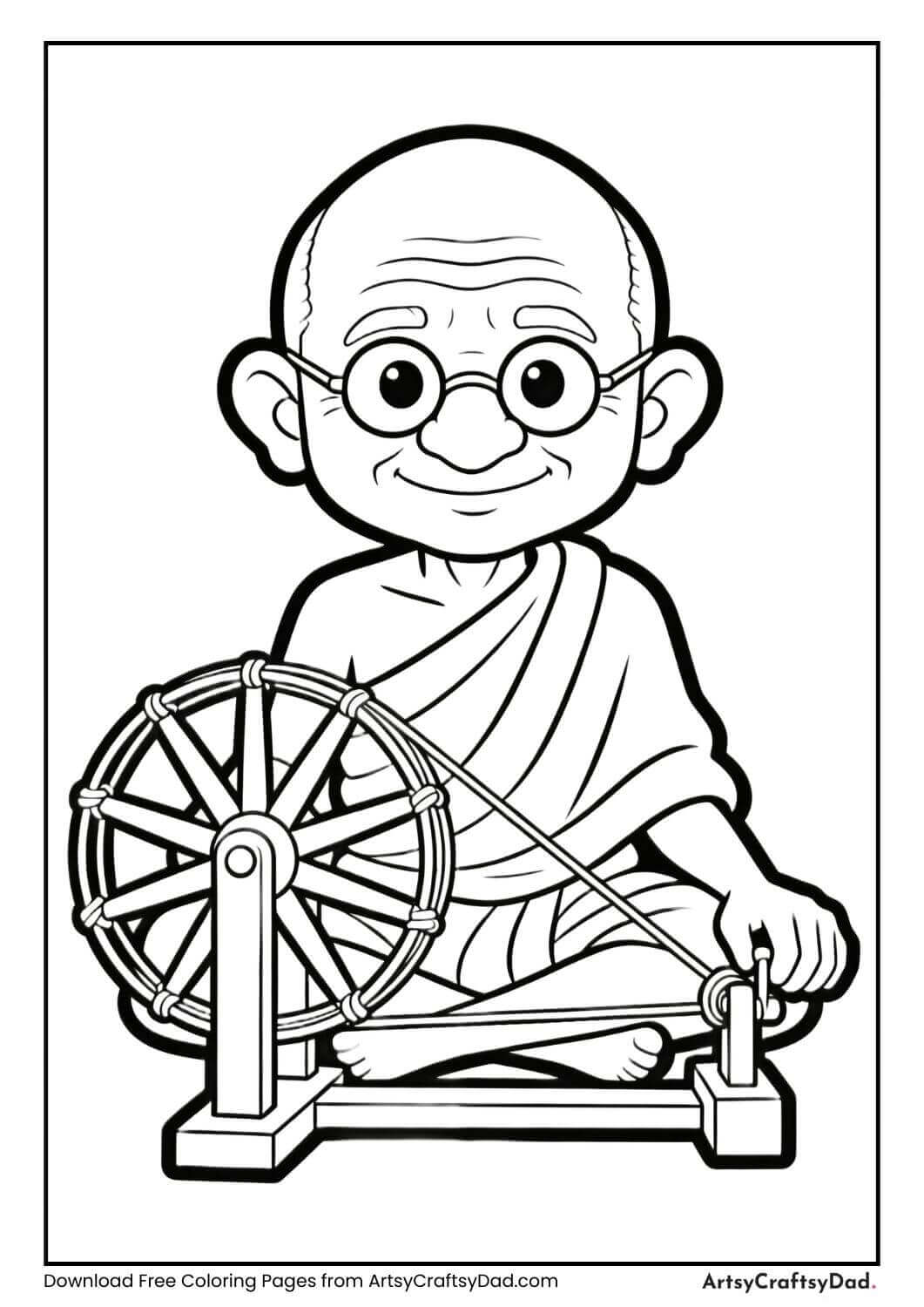 Gandhi sitting near charkha coloring page