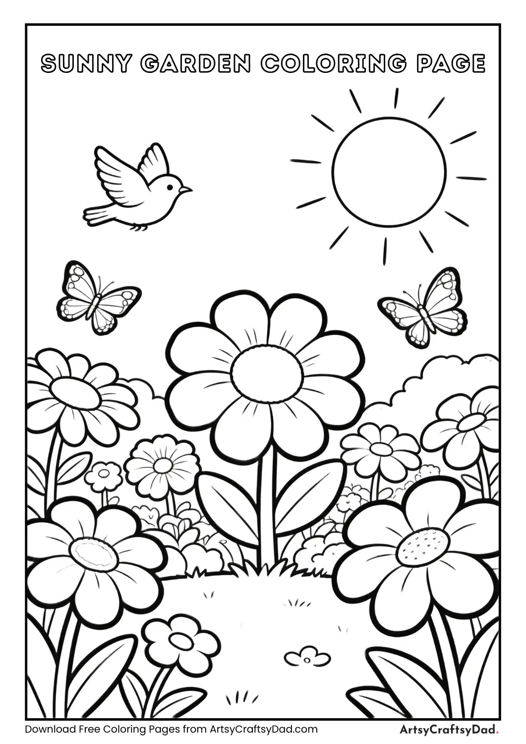 Garden with flowers and butterflies coloring page