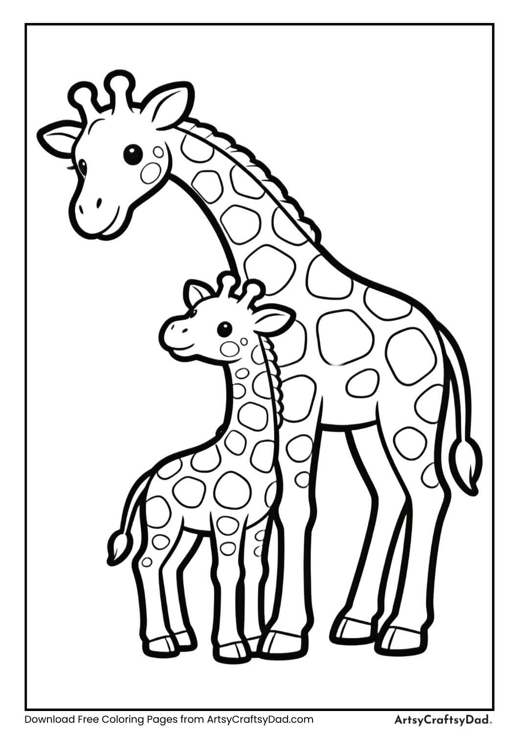 Giraffe family coloring page for kids