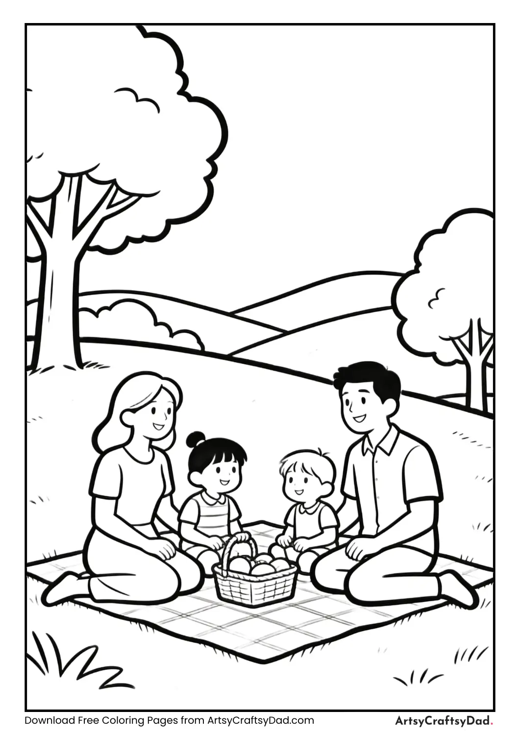 Coloring page of a family having a picnic at a hill station with trees and hills.