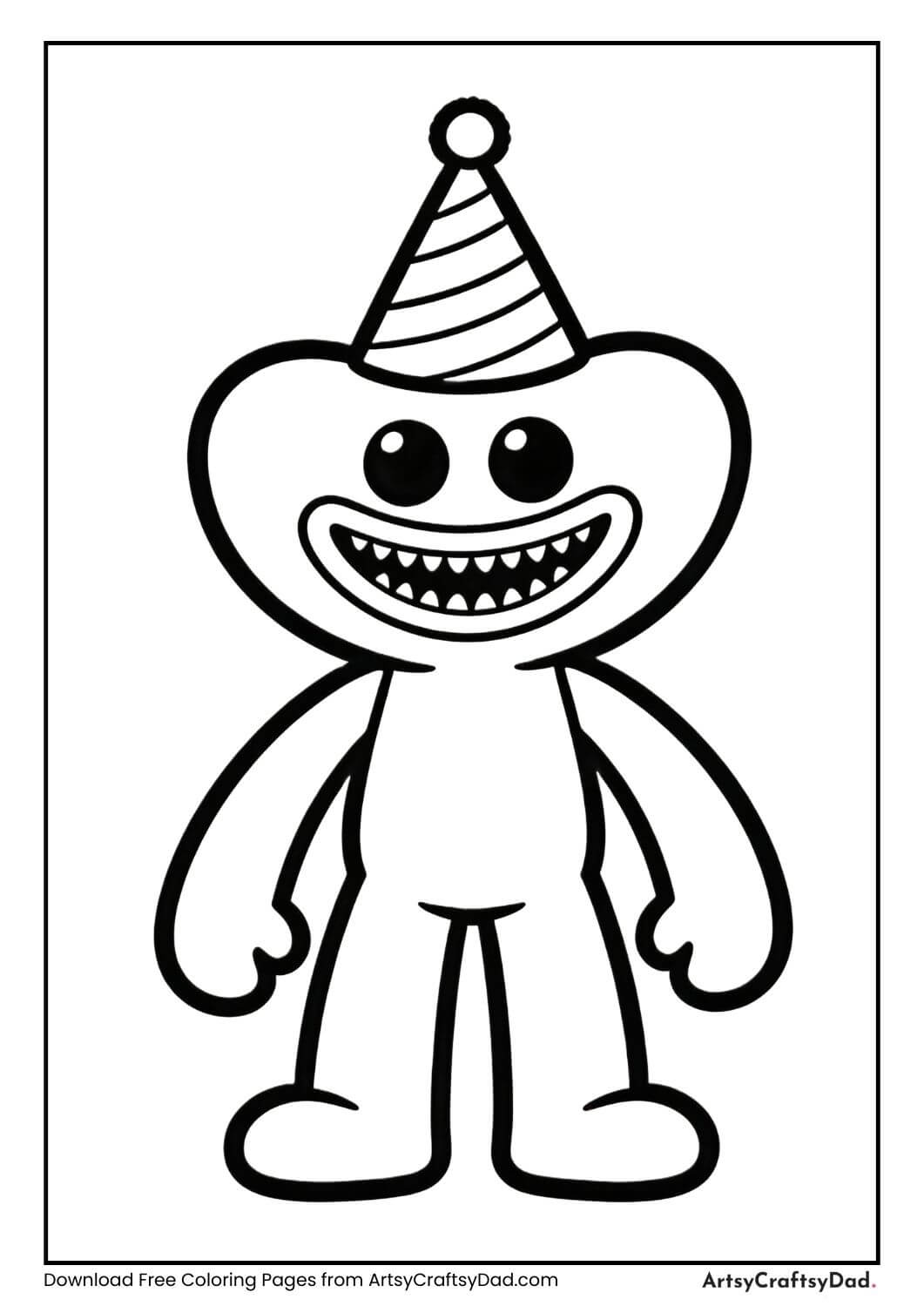 Huggy Wuggy wearing a party hat black and white coloring page
