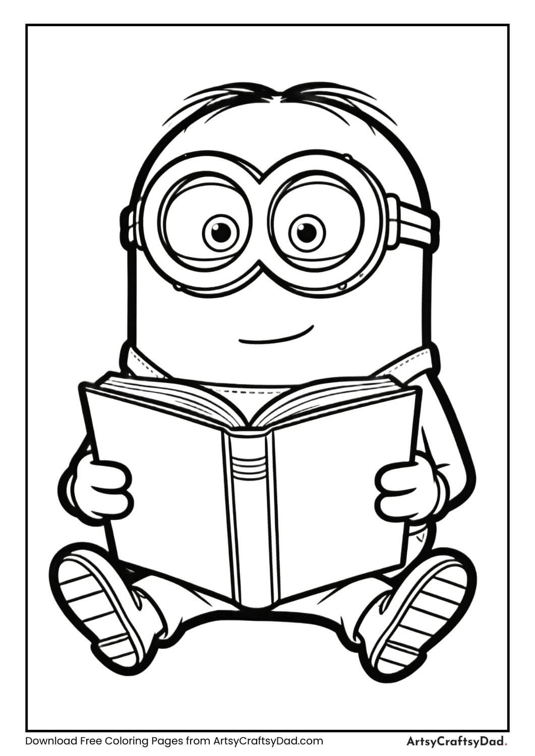 Minion reading a book black and white coloring page