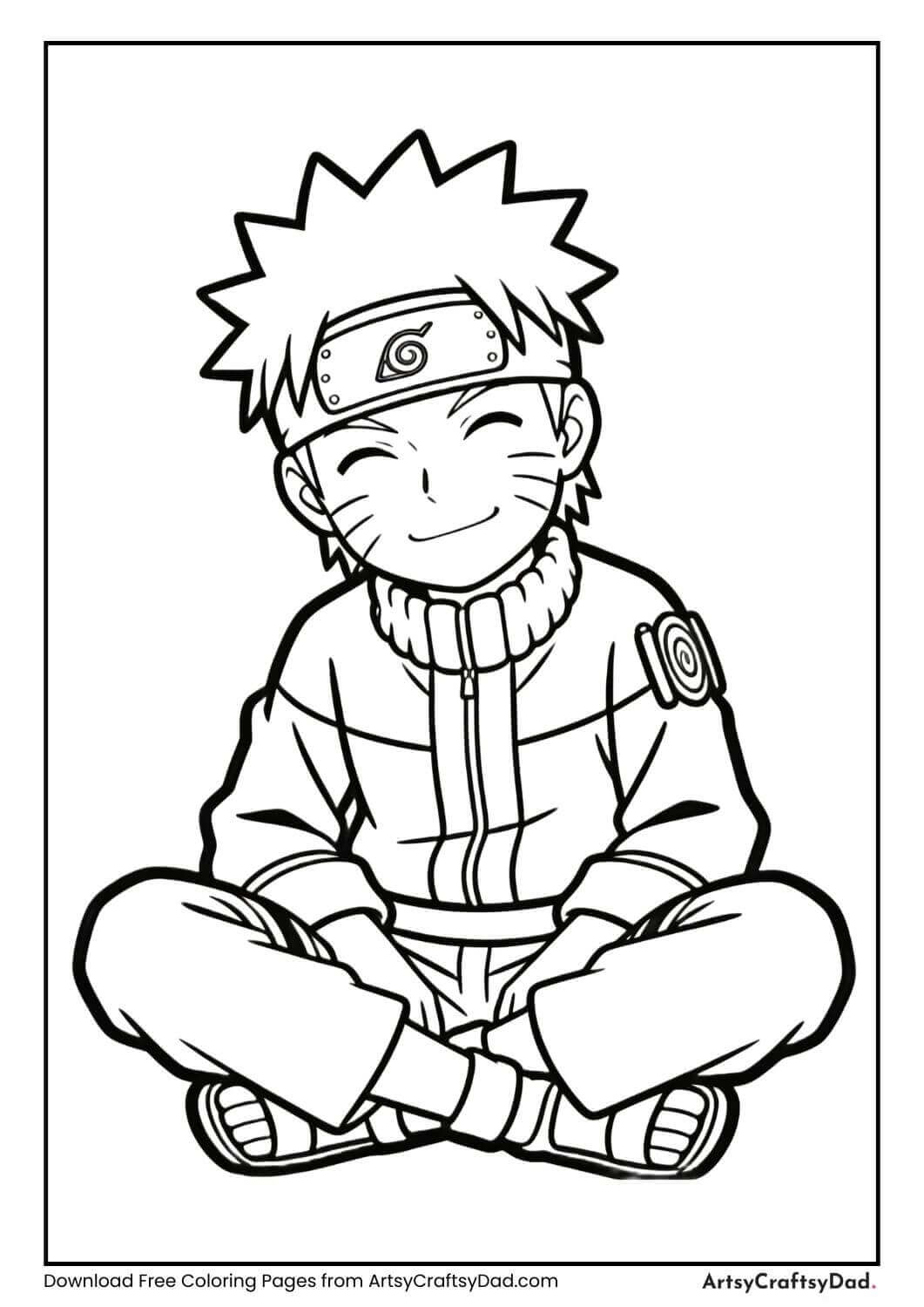 Naruto sitting cross-legged and smiling, coloring page