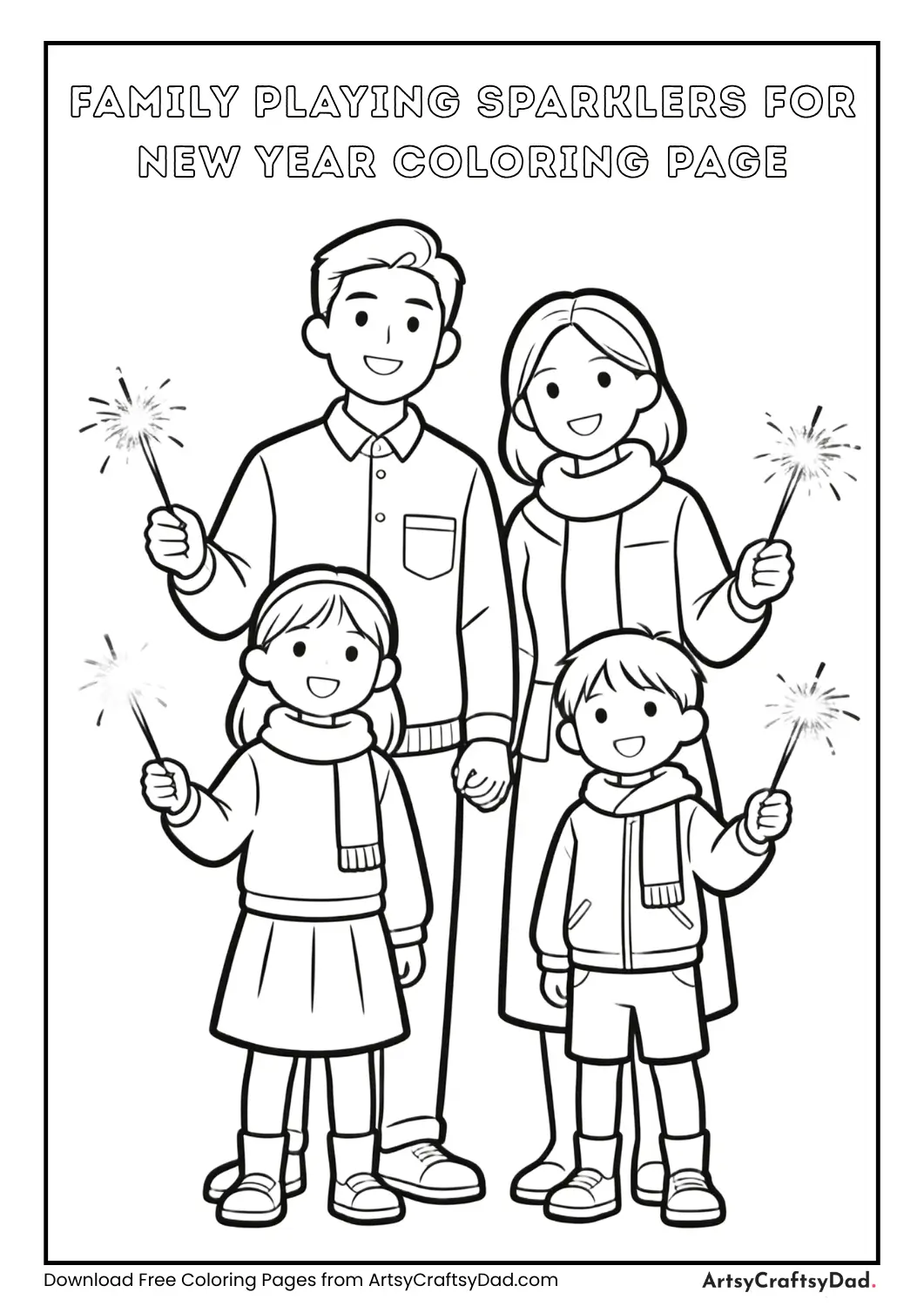 Family playing with sparklers on New Year’s Eve coloring page