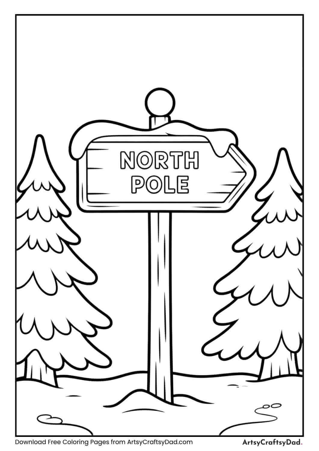 North Pole signpost with snow-covered trees