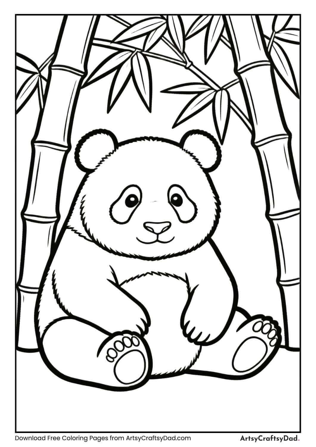 Panda sitting under bamboo coloring page