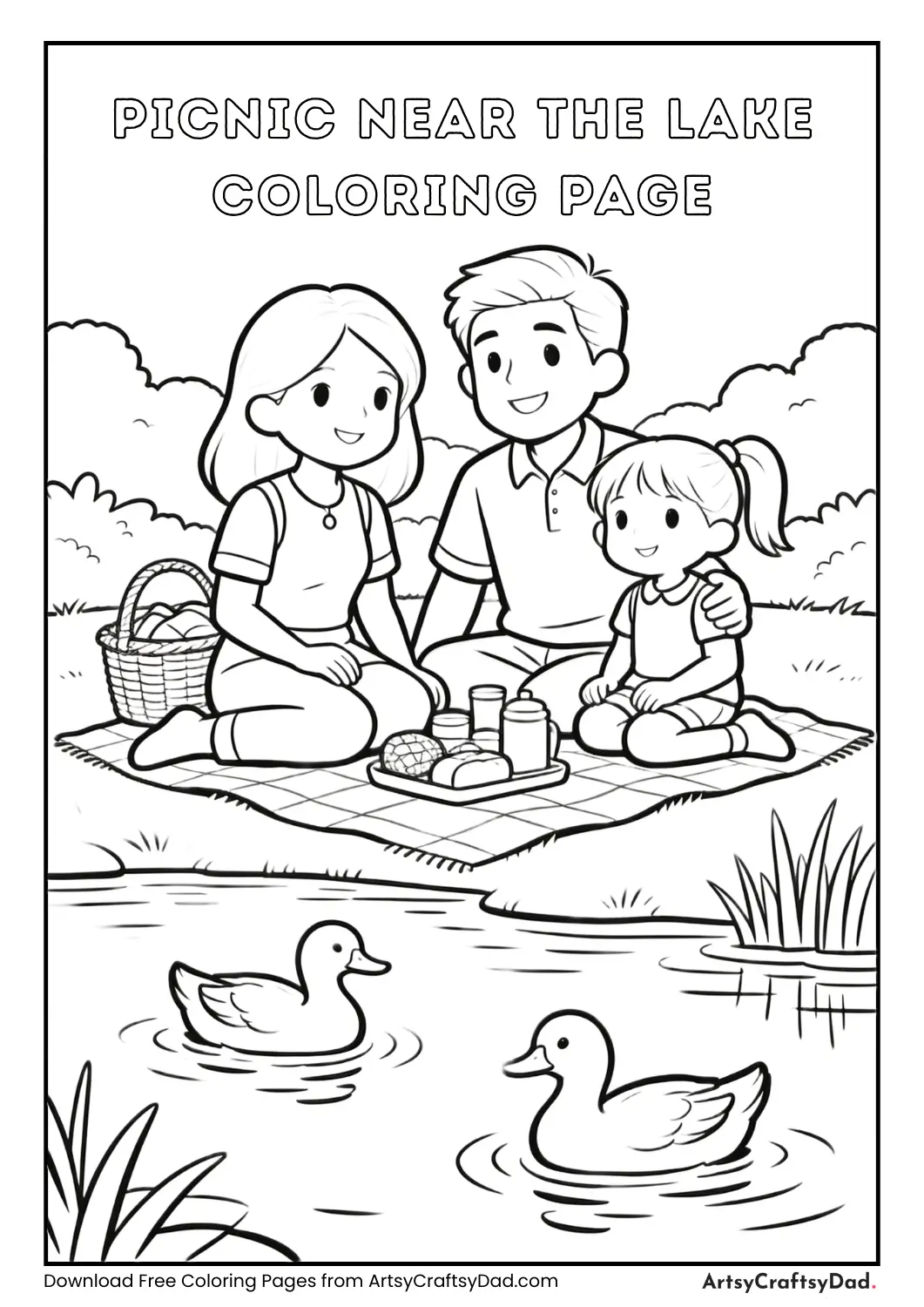 Family picnic near a lake with ducks