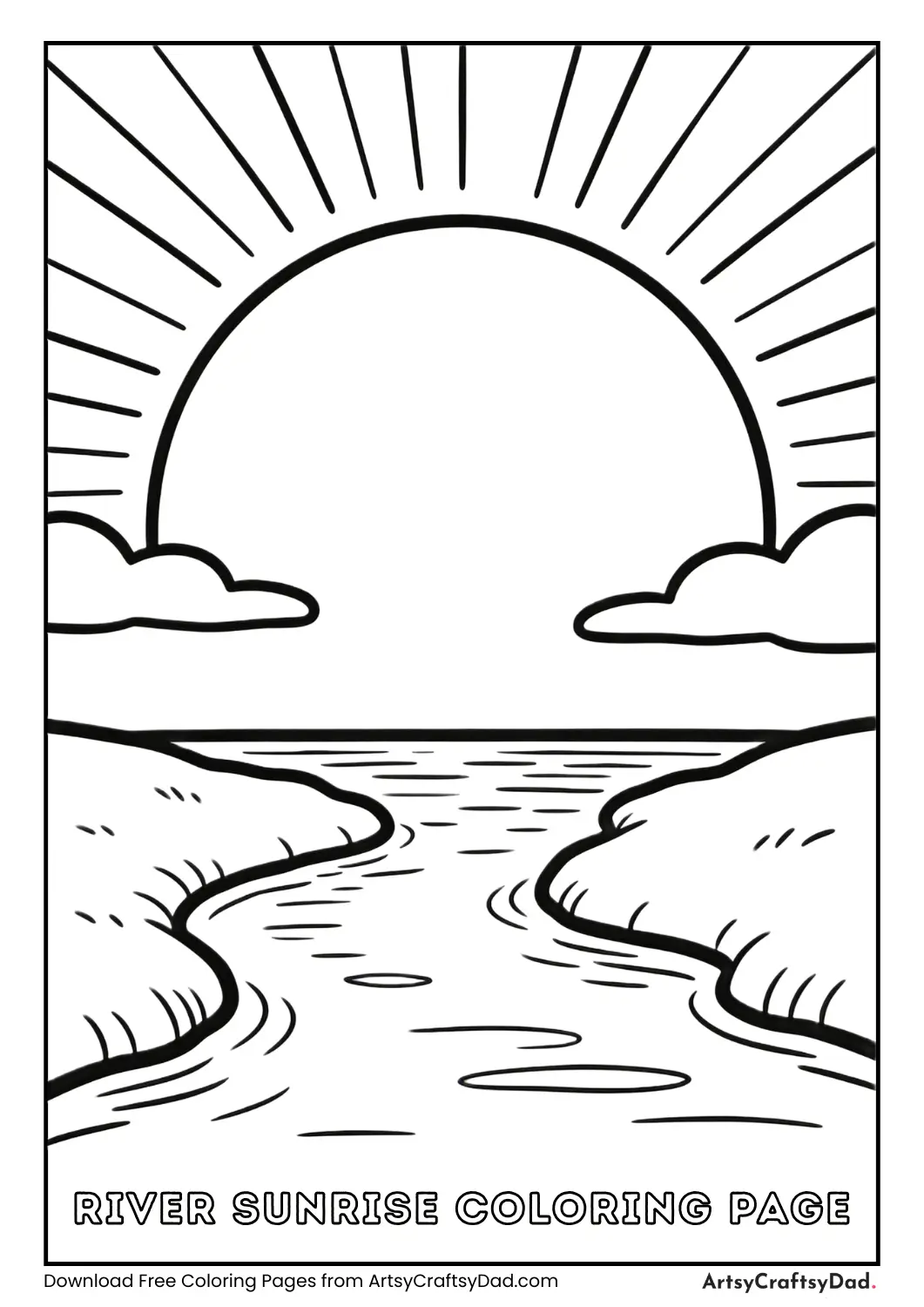 Sunrise over a river coloring page for kids