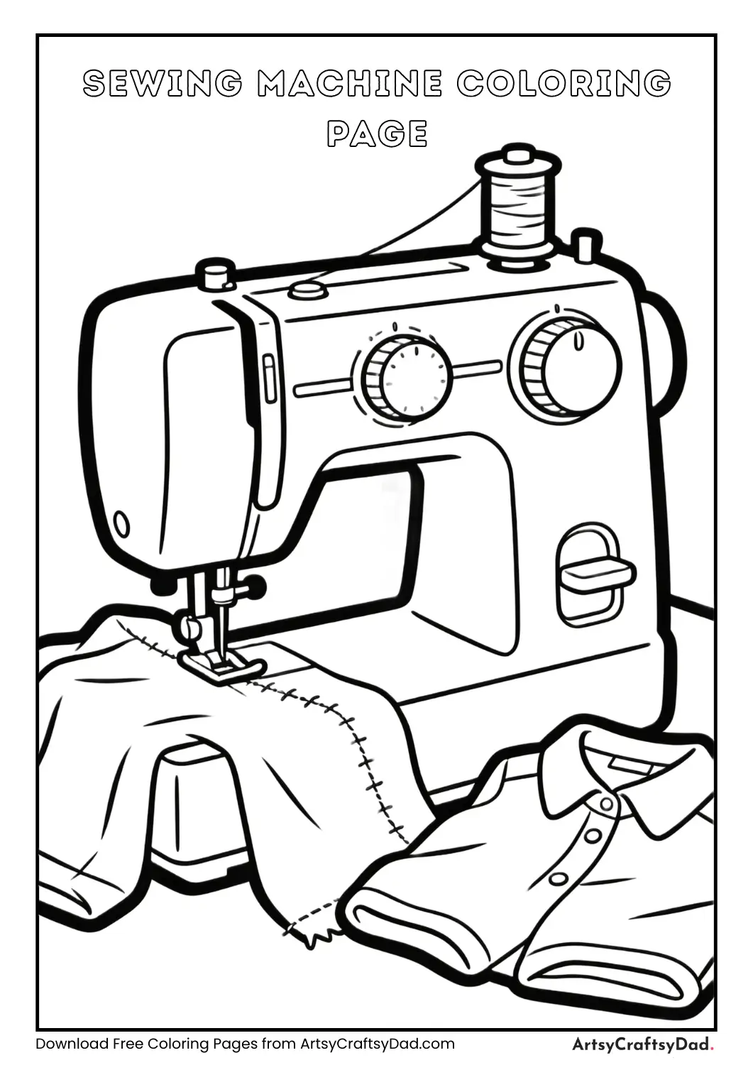 Sewing machine with half-stitched clothes coloring page