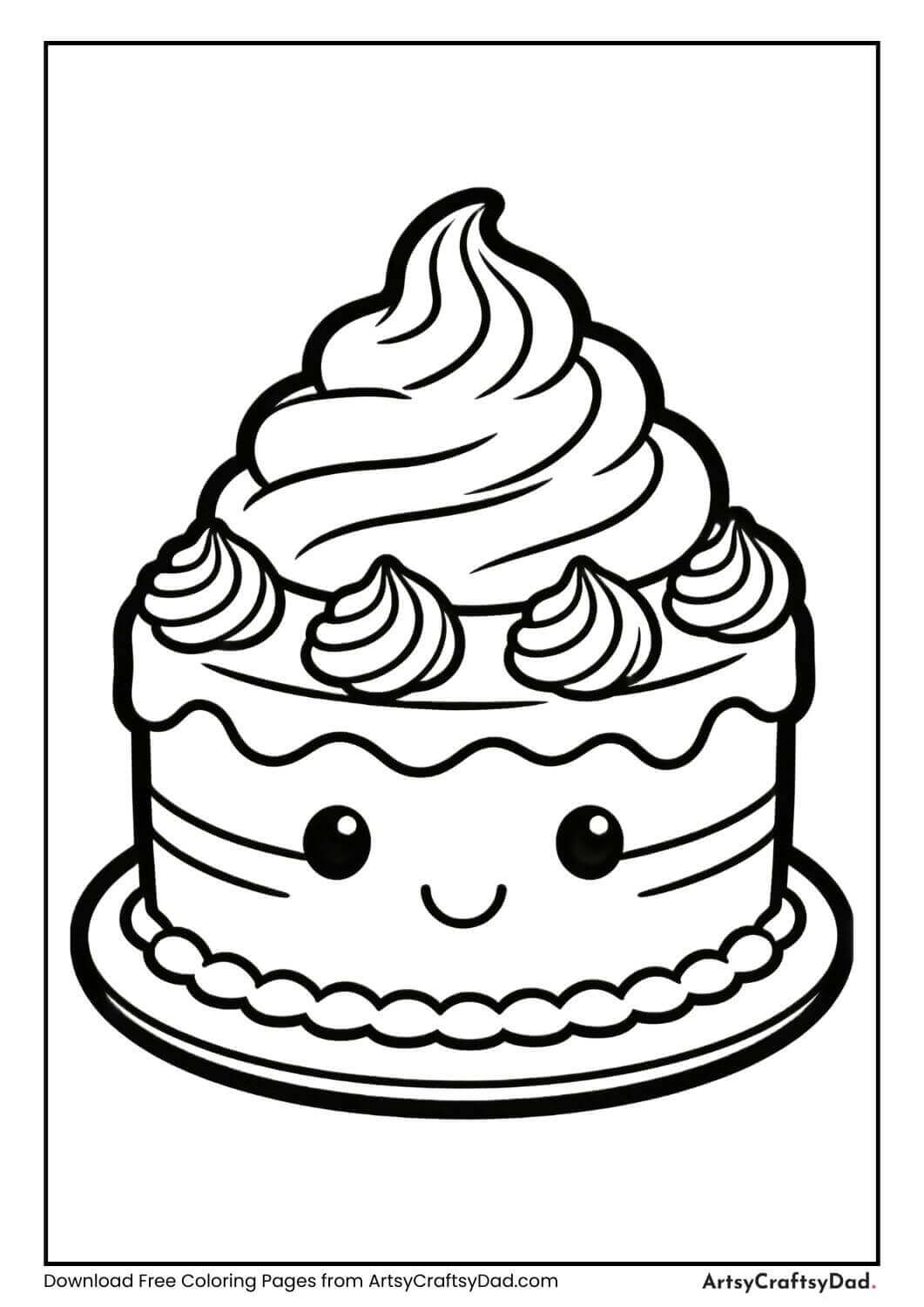 Smiling cartoon birthday cake black and white coloring page