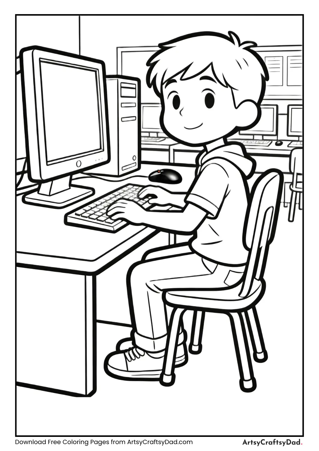 Student using computer coloring page