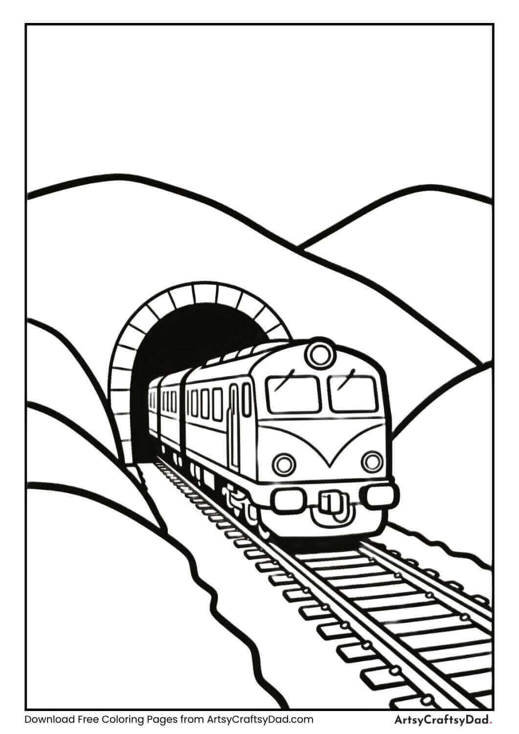 Train coming out of tunnel coloring page for children