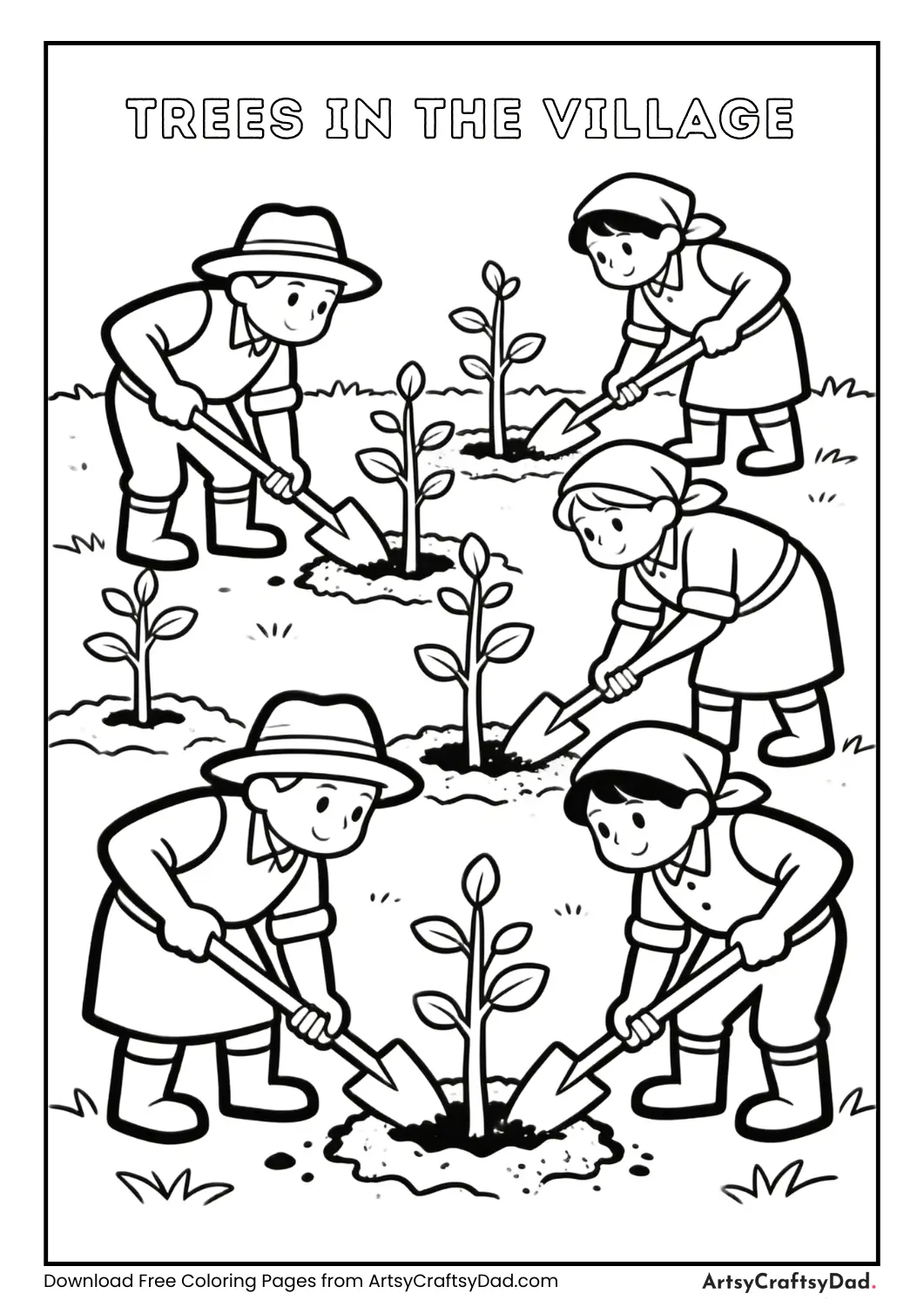 Villagers planting trees and saplings