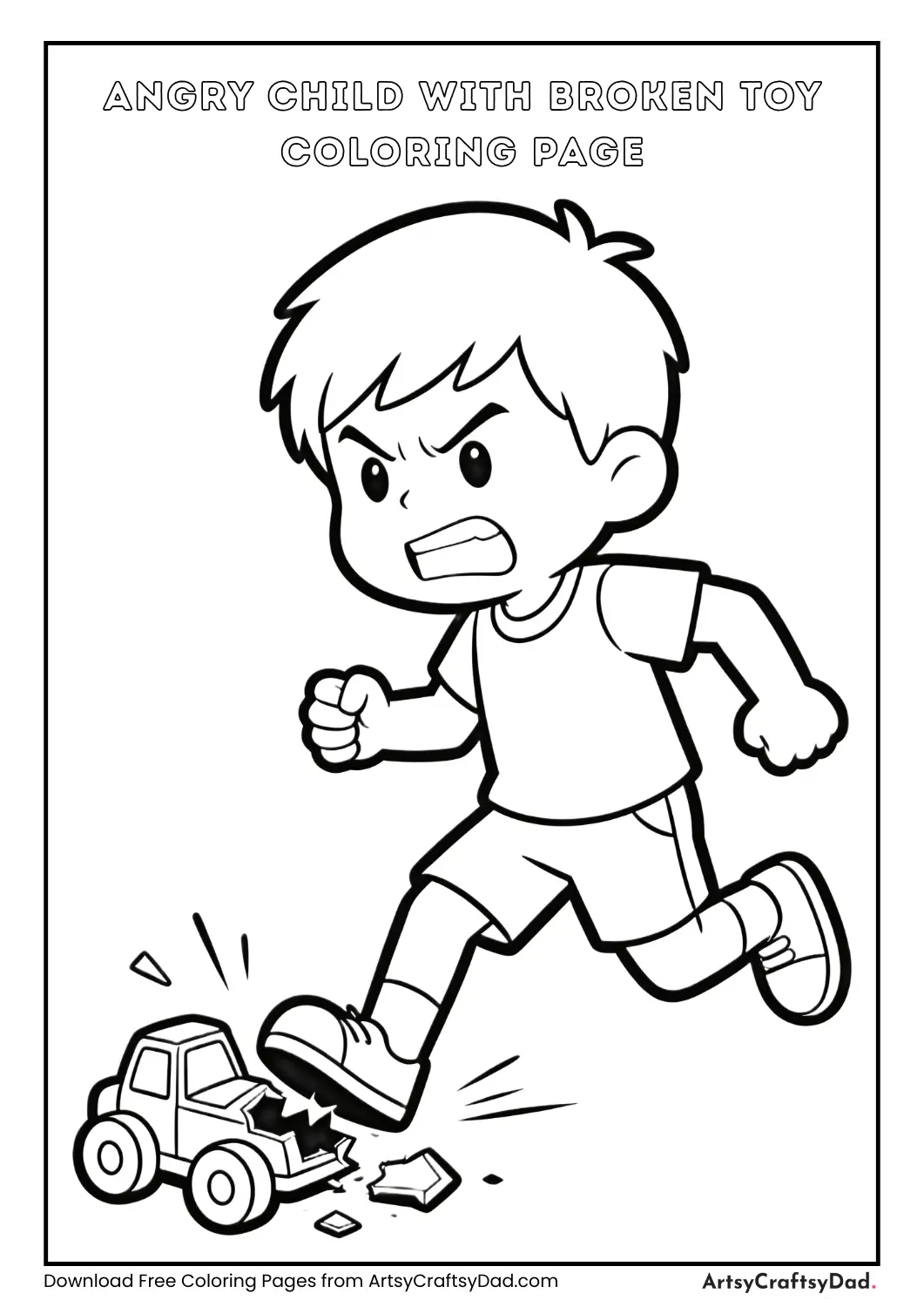 Black and white coloring page of an angry child with a broken toy