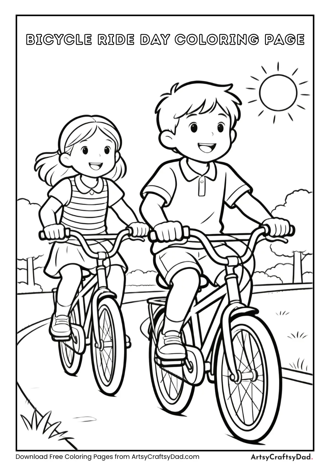 Kids riding bicycles in the daytime coloring page