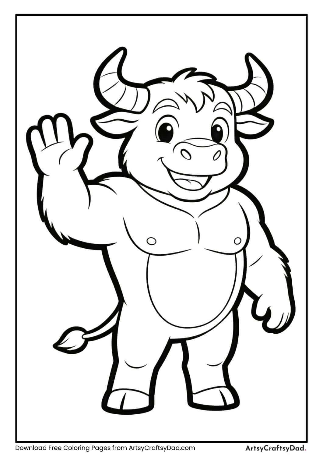 Cartoon minotaur waving hello coloring page