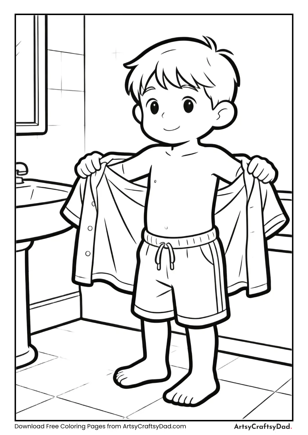 Child wearing clean clothes hygiene coloring page