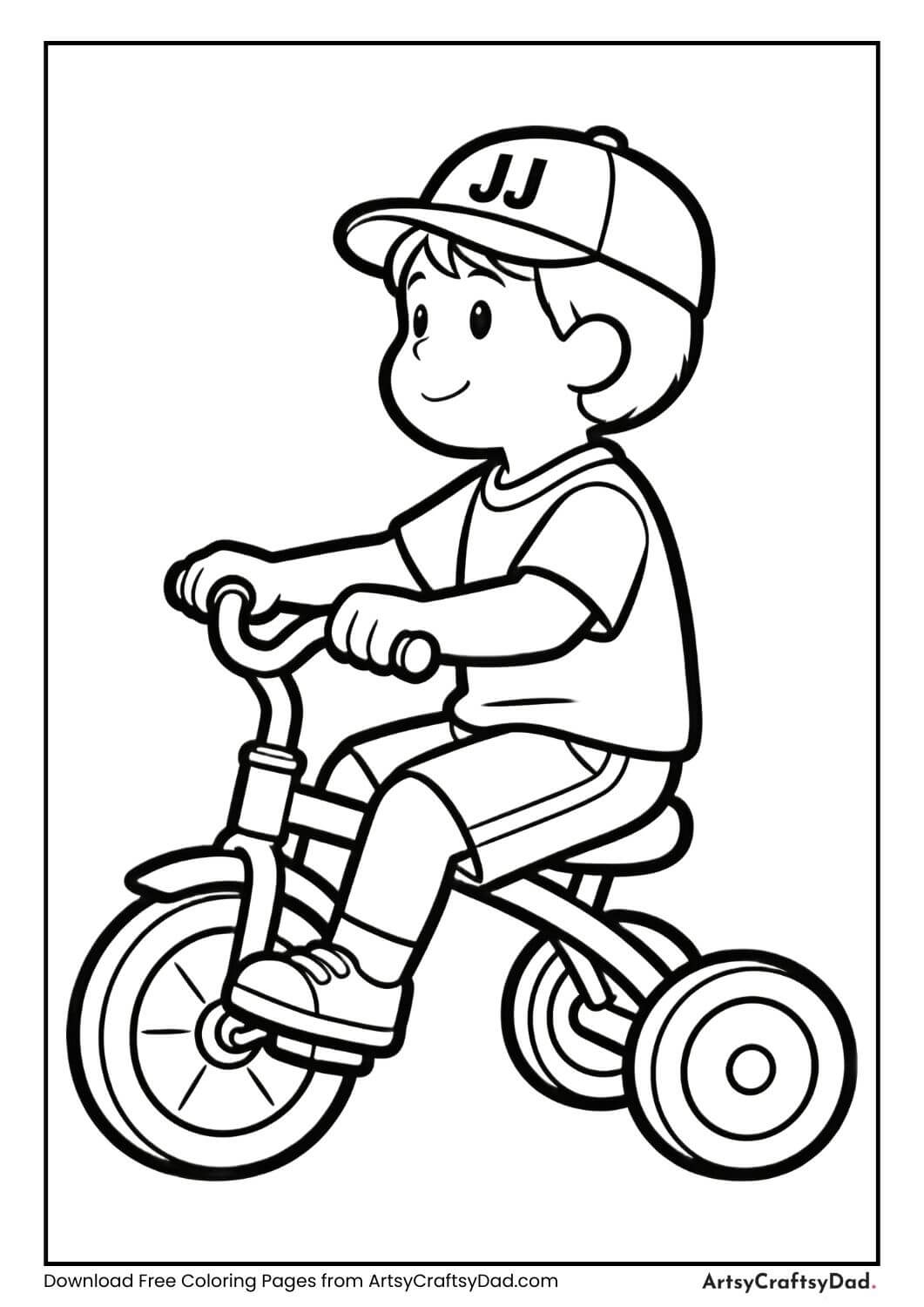 JJ riding a tricycle black and white coloring page