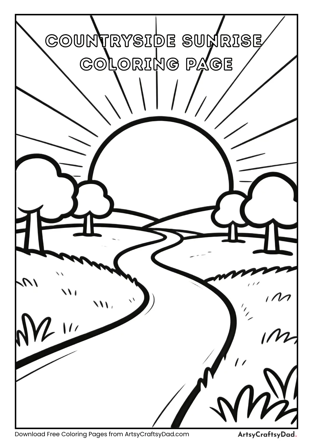 Sunrise over countryside road coloring page