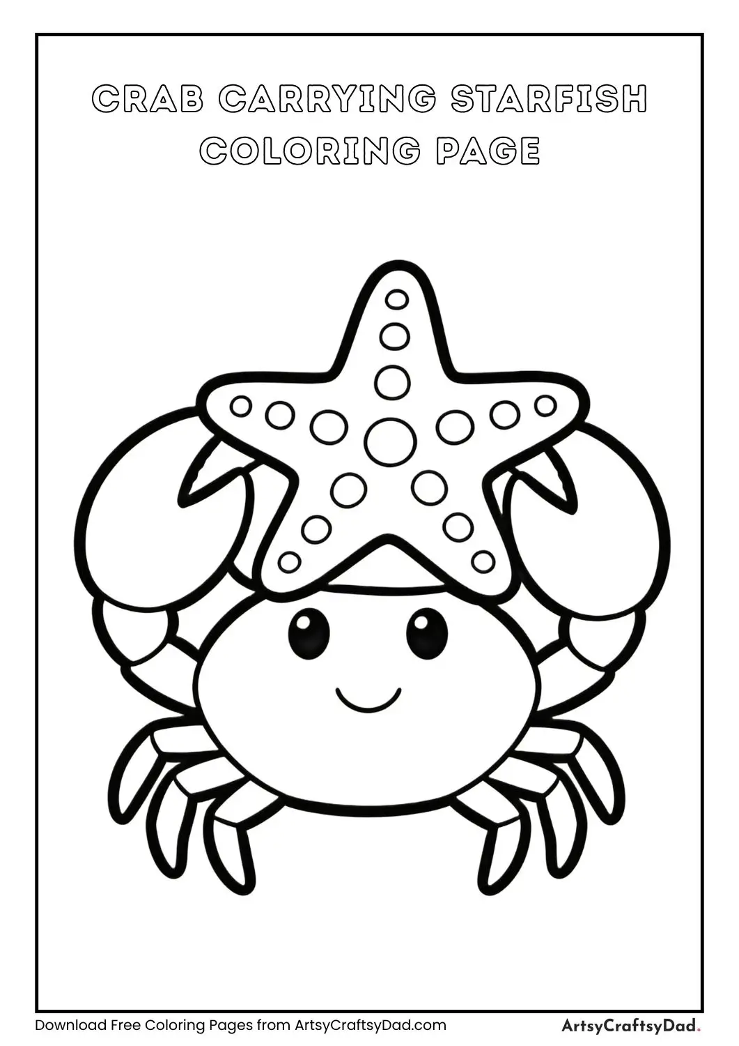 Crab carrying starfish on back easy coloring page for children