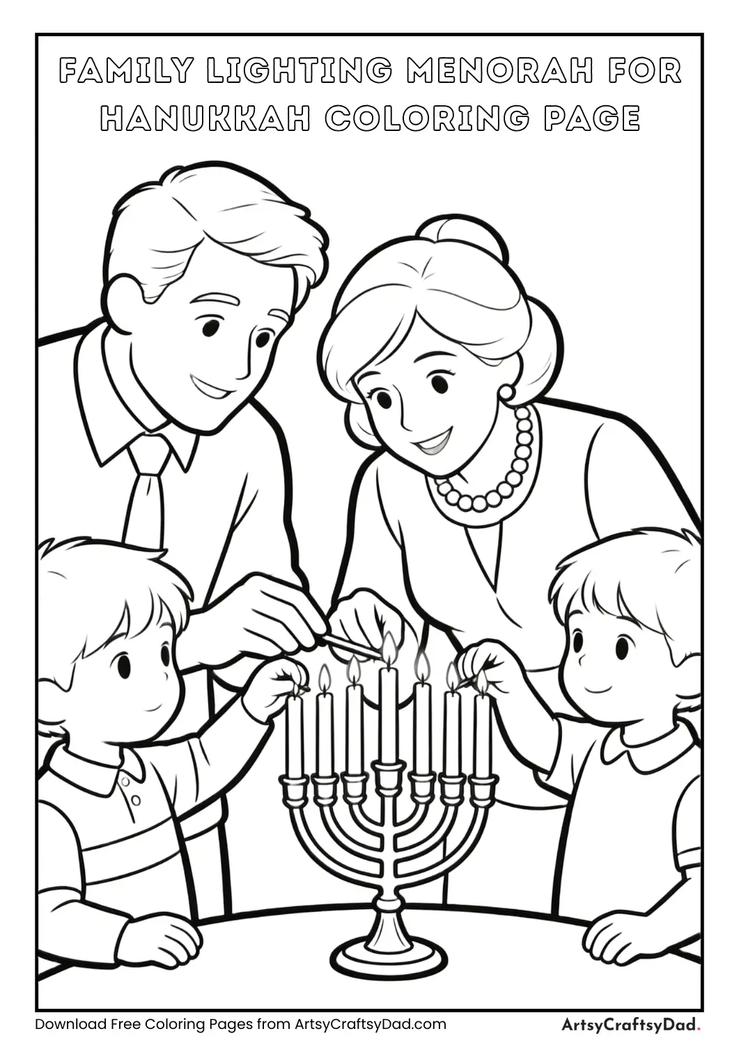 Family lighting Hanukkah menorah coloring page