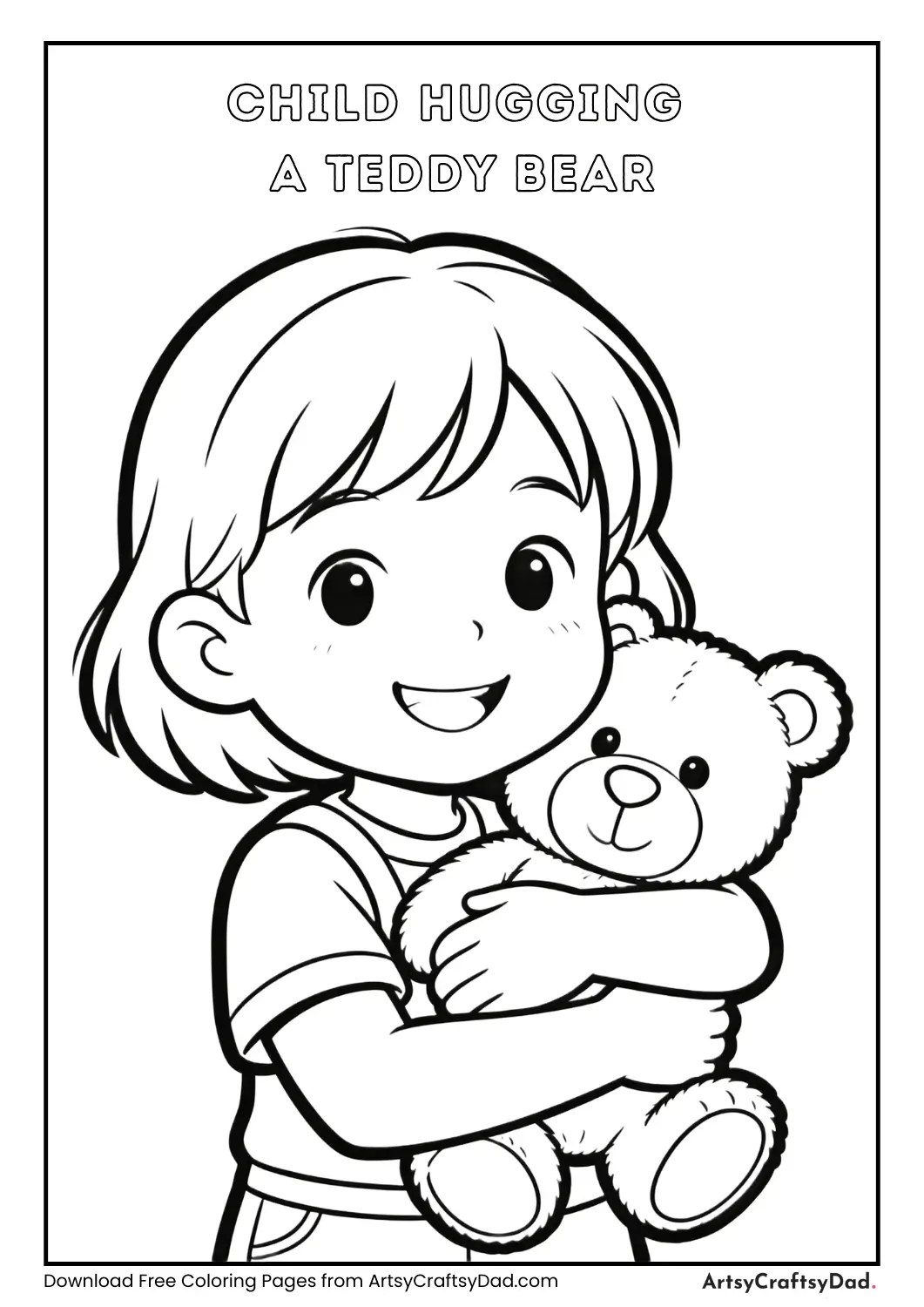 Happy child hugging teddy bear coloring page
