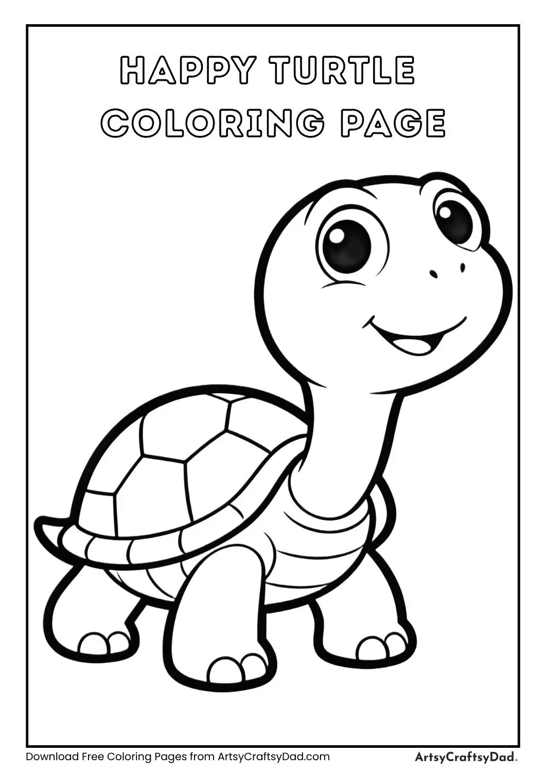 Happy turtle looking up black and white coloring page