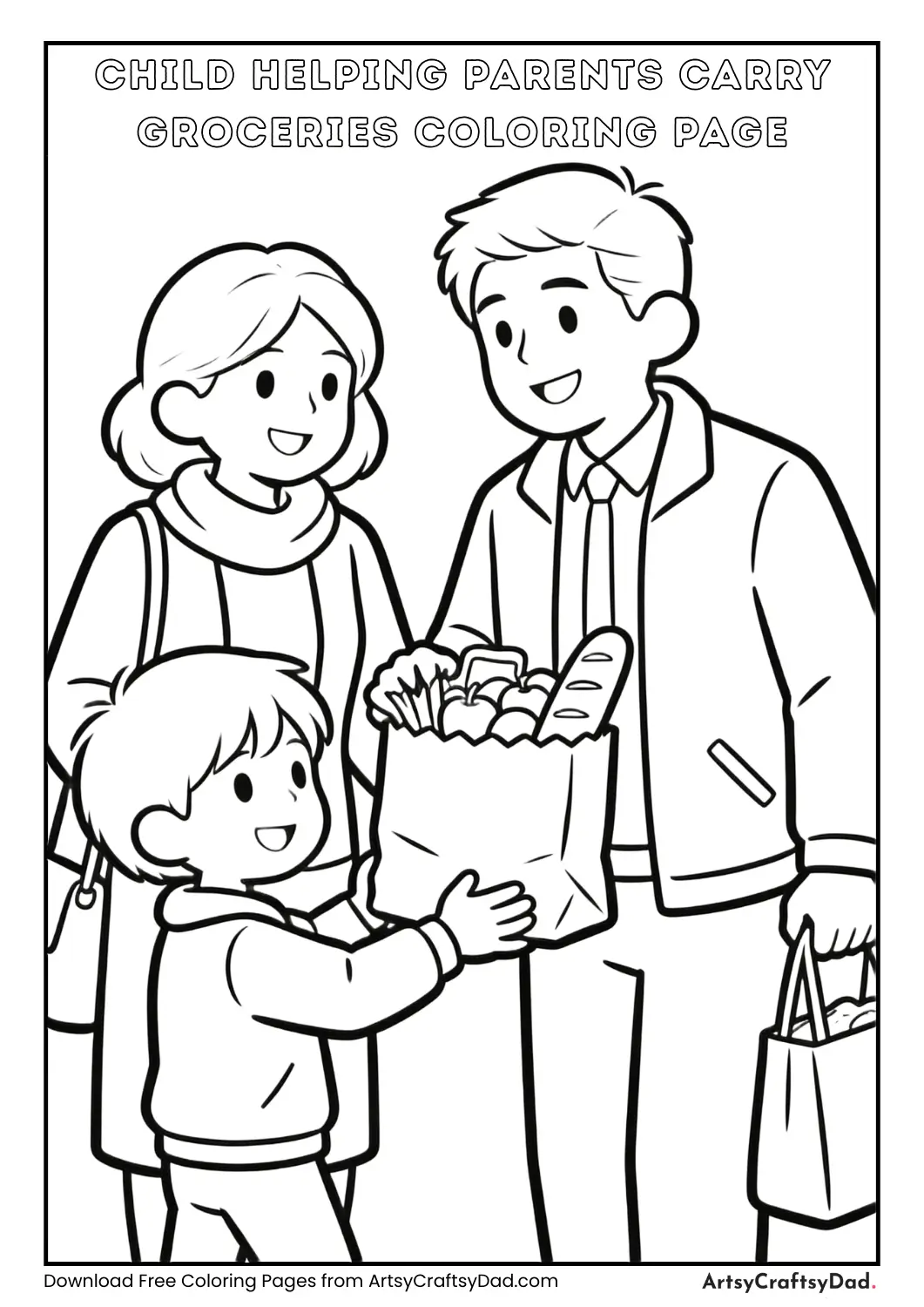 Child helping parents carry groceries coloring page