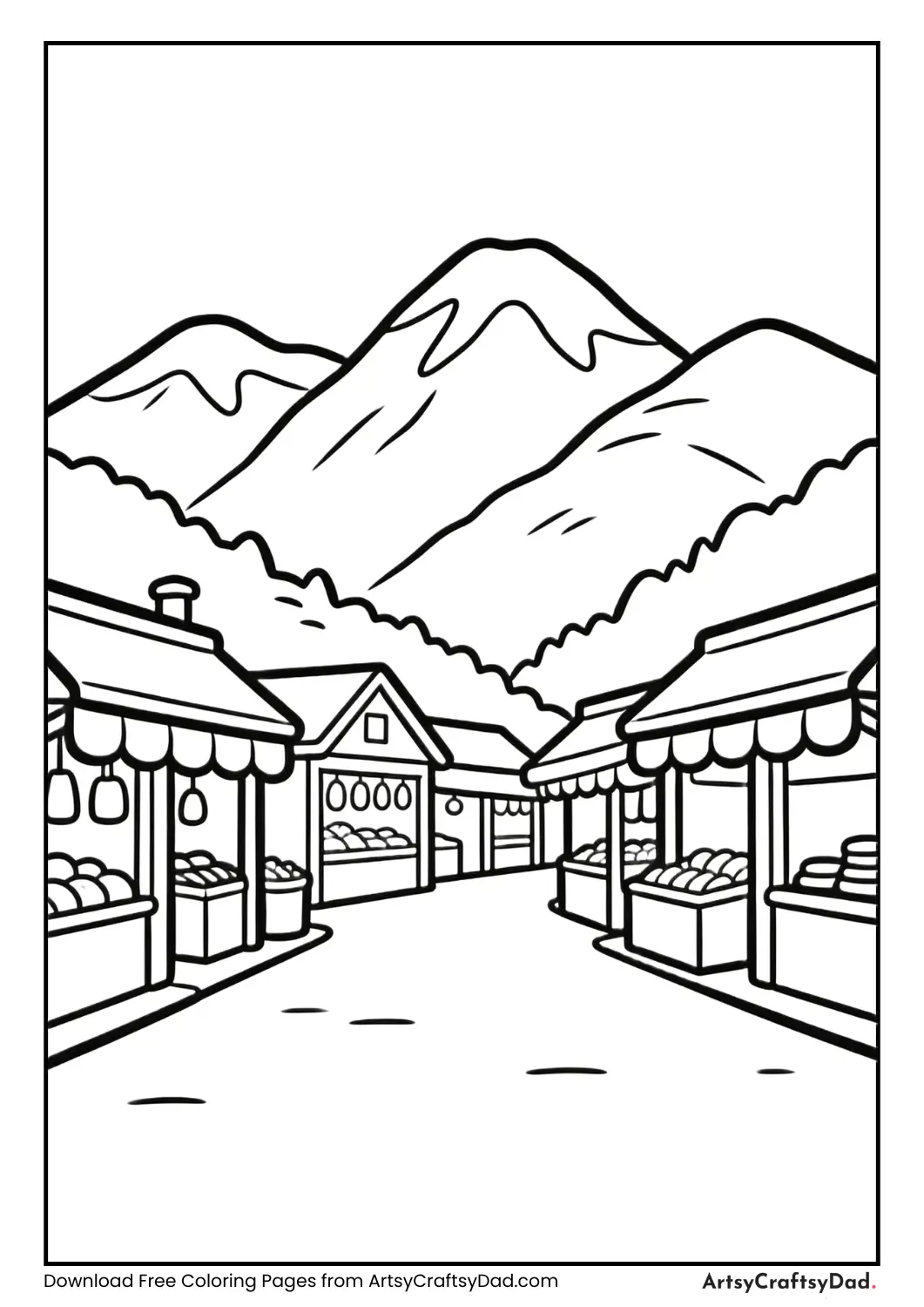 Black and white coloring page of a hill station market with shops and mountains.